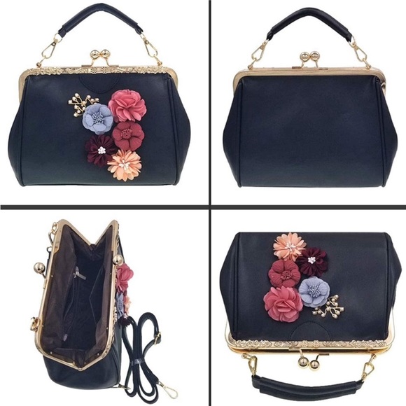 Flower Applique Kiss Lock PU Leather Bag (Black) - Picture 5 of 7